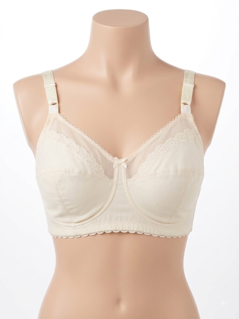 Cream Soft Cotton Full-Coverage Bra with Lace Trim